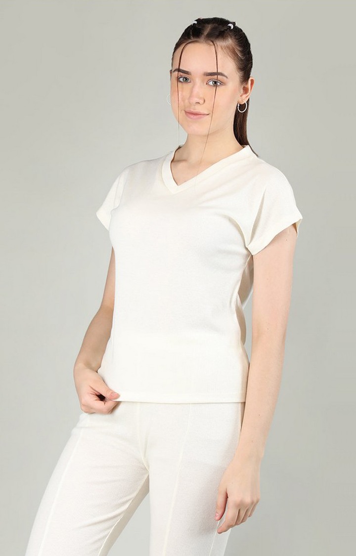 Women's White Solid Cotton Regular T-Shirt