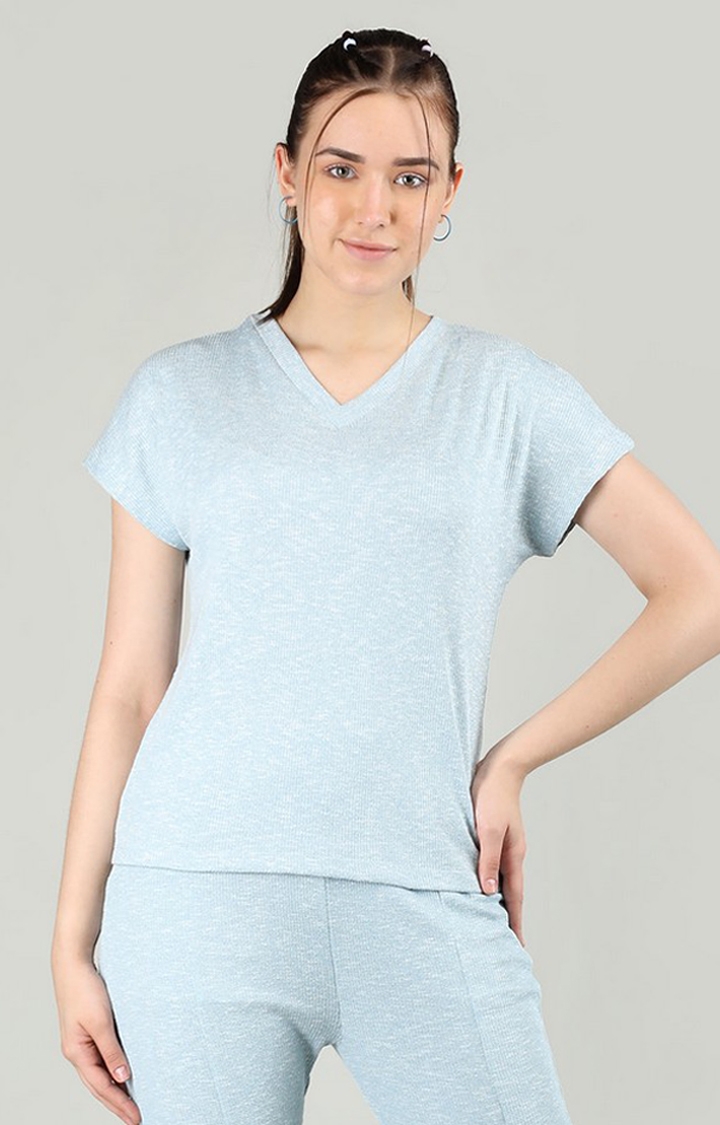 CHKOKKO | Women's Blue Solid Cotton Regular T-Shirt