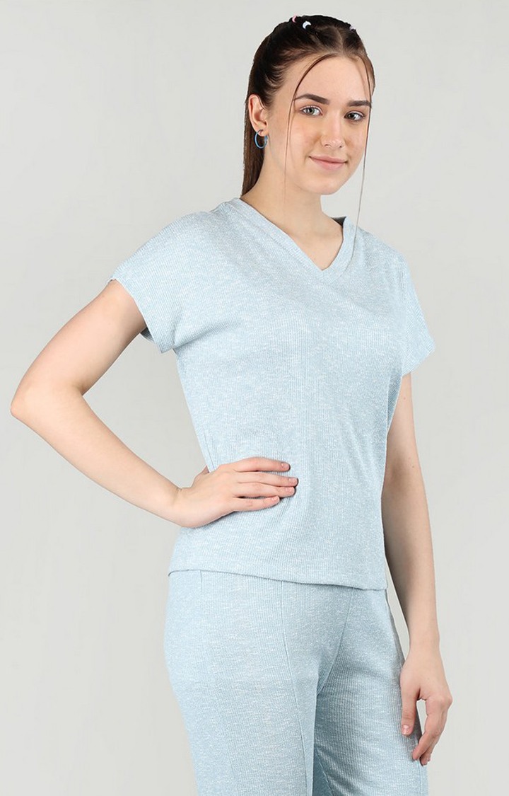 Women's Blue Solid Cotton Regular T-Shirt
