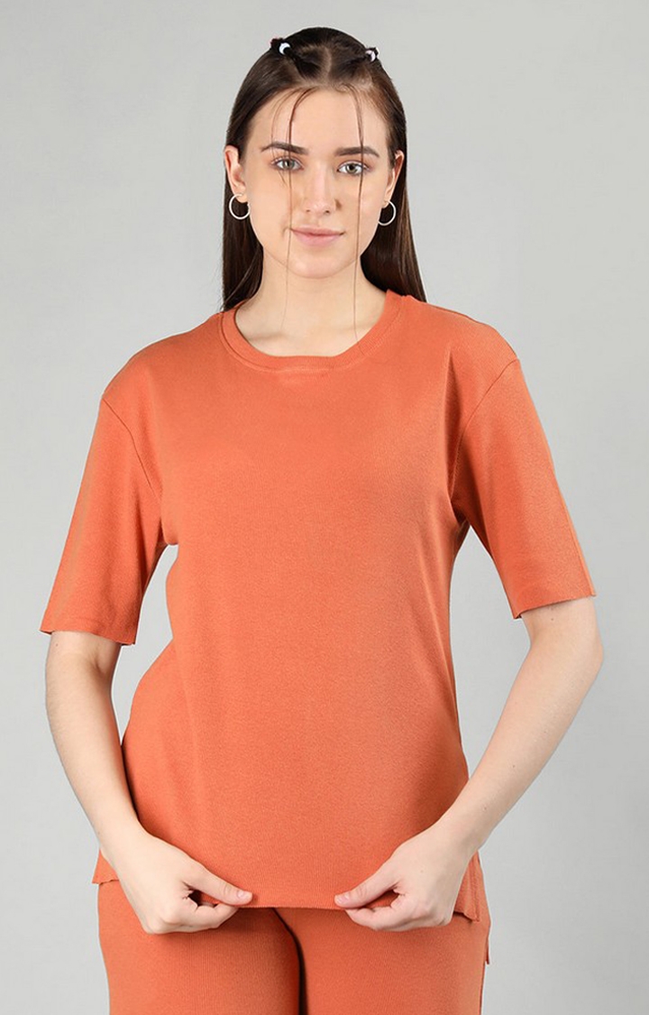 CHKOKKO | Women's Orange Solid Cotton Oversized T-Shirt