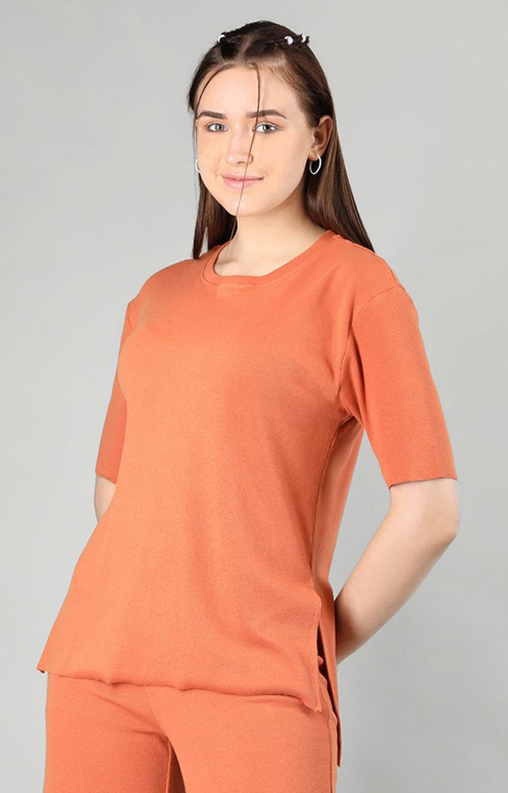 Women's Orange Solid Cotton Oversized T-Shirt