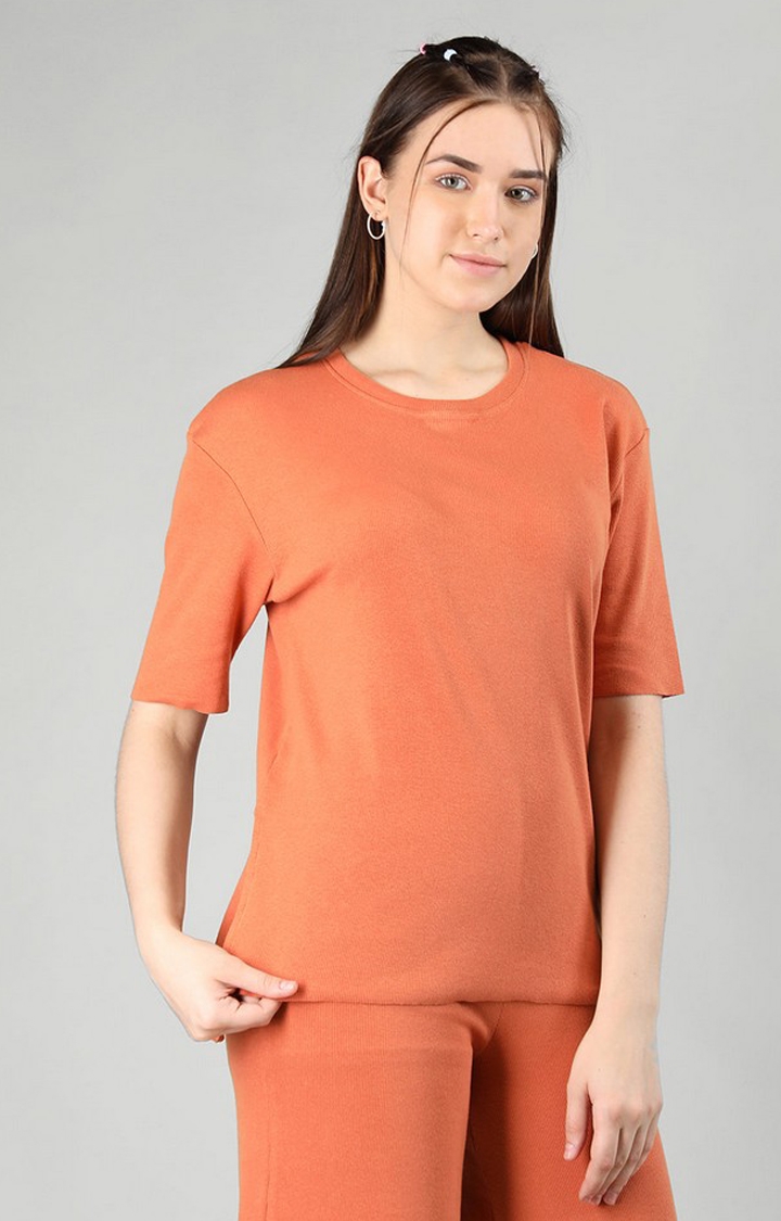 Women's Orange Solid Cotton Oversized T-Shirt