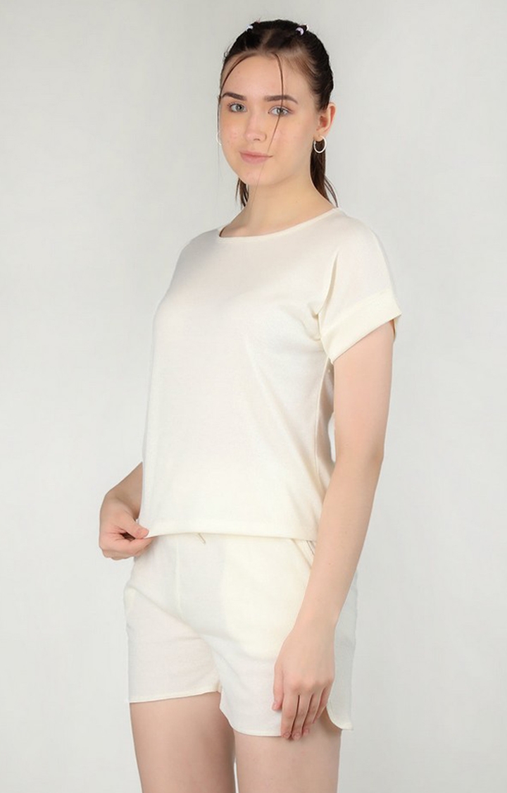 Women's Cream Solid Cotton Regular T-Shirt