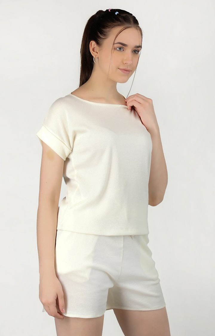 Women's Cream Solid Cotton Regular T-Shirt