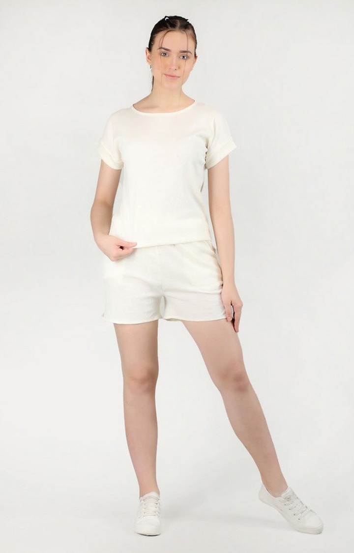 Women's Cream Solid Cotton Regular T-Shirt