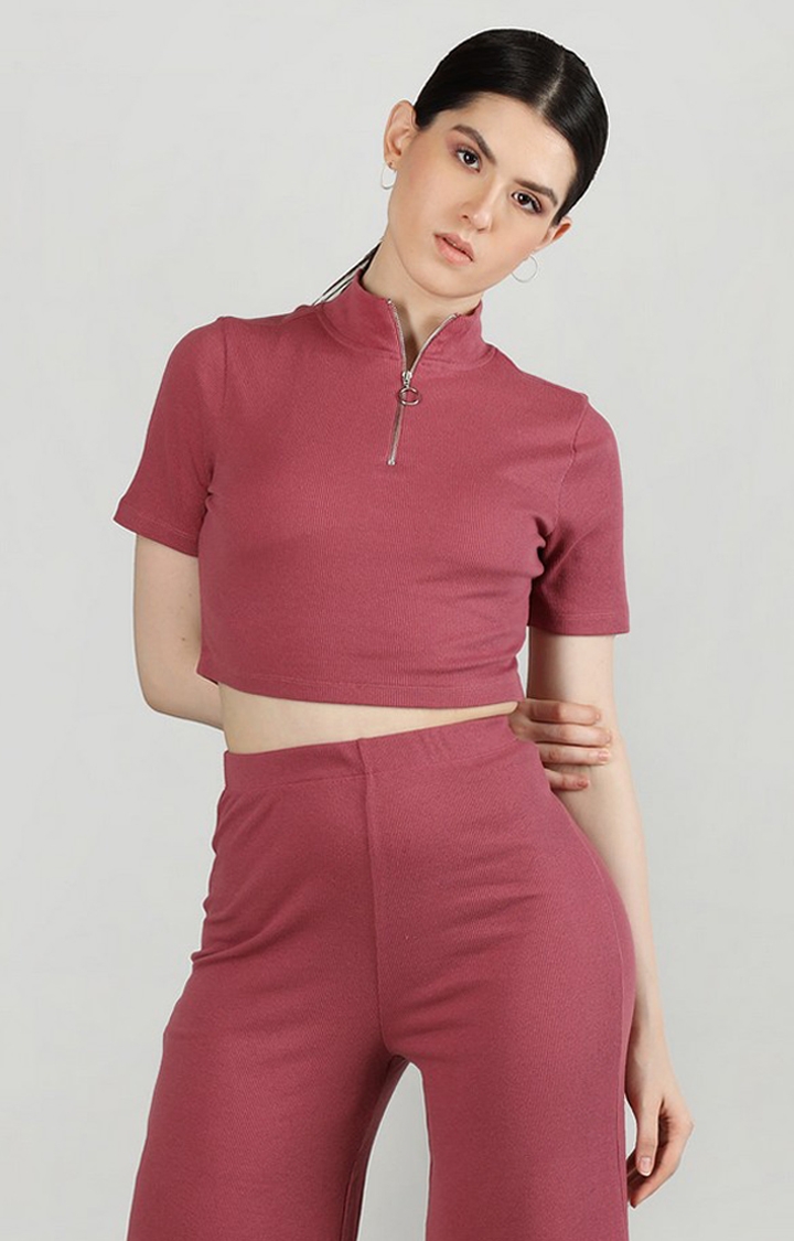 CHKOKKO | Women's Pink Solid Cotton Crop Top