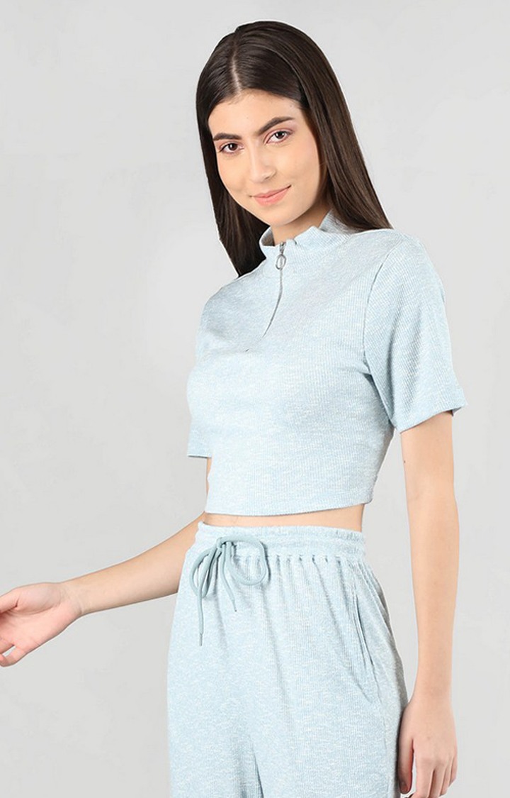 Women's Blue Solid Cotton Crop Top