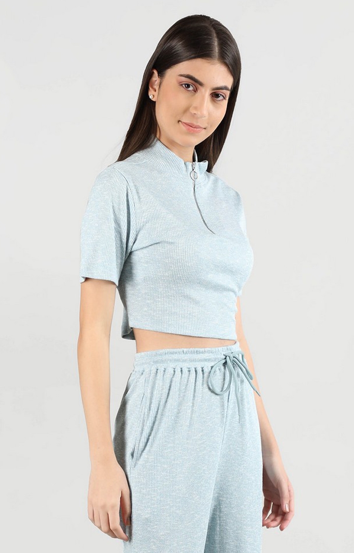 Women's Blue Solid Cotton Crop Top
