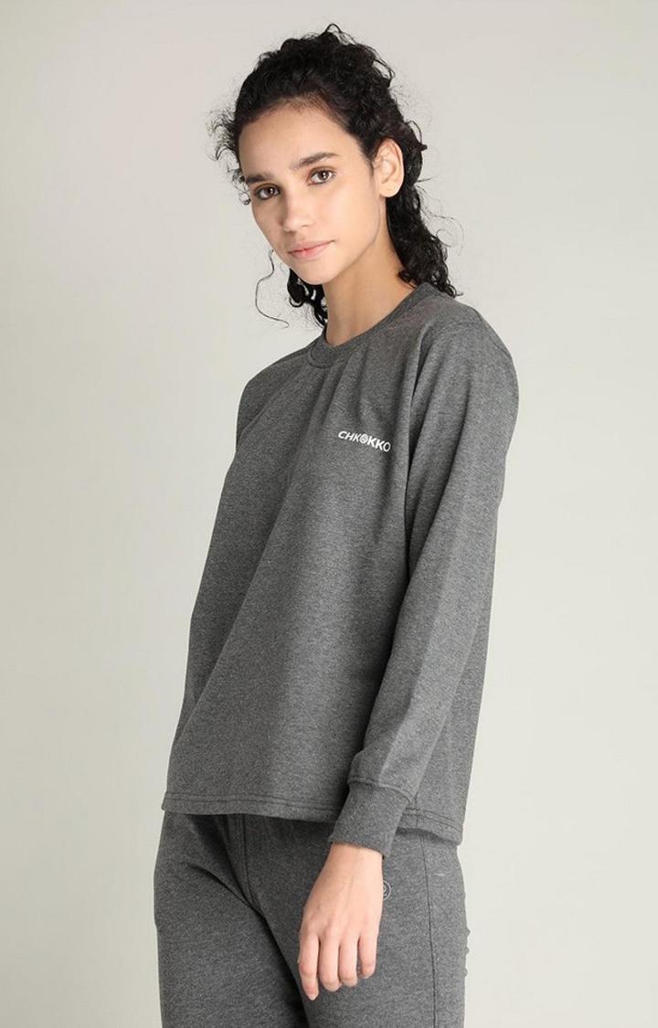 Women's Grey Melange Textured Cotton Activewear T-Shirt