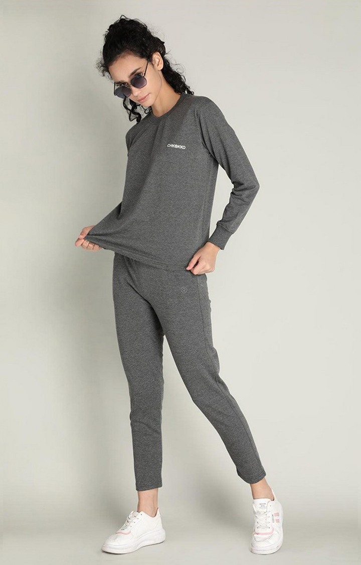 Women's Grey Melange Textured Cotton Activewear T-Shirt