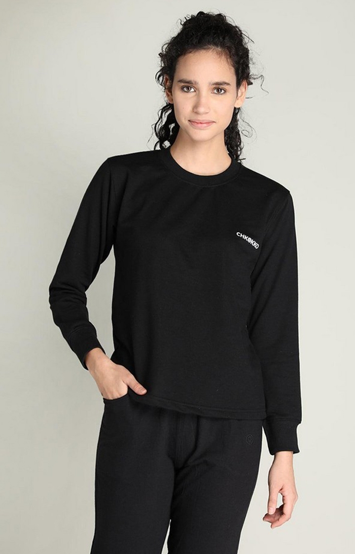 Women's Black Solid Cotton Activewear T-Shirt
