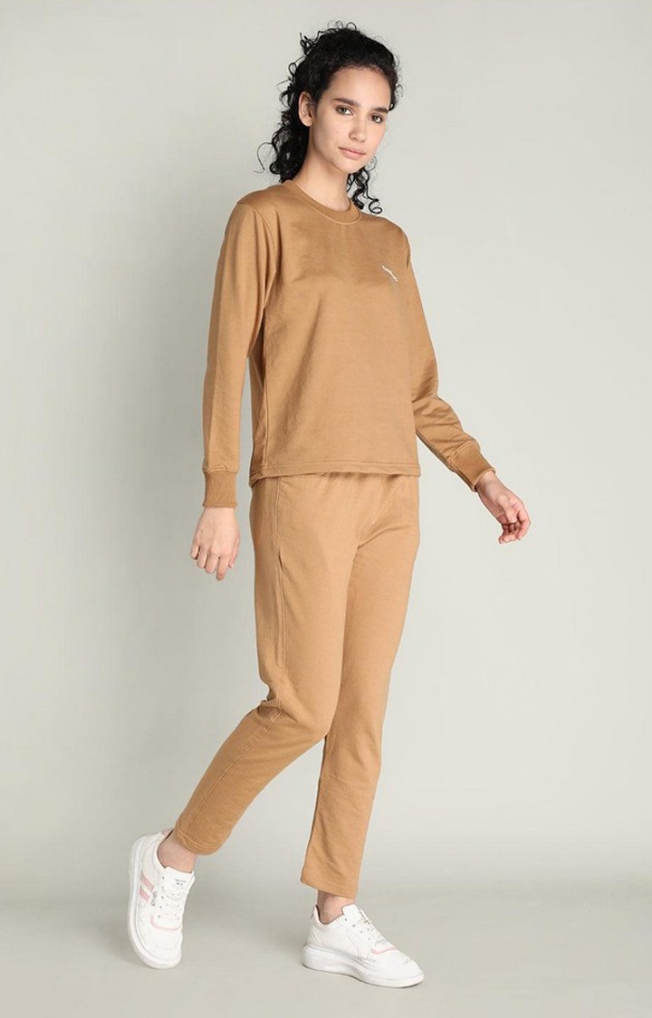 Women's Brown Solid Cotton Activewear T-Shirt
