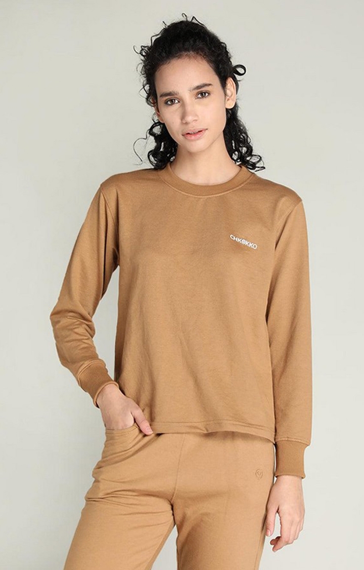 Women's Brown Solid Cotton Activewear T-Shirt