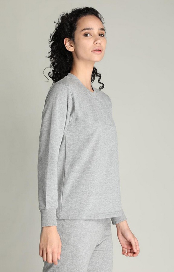 Women's Grey Melange Textured Cotton Activewear T-Shirt