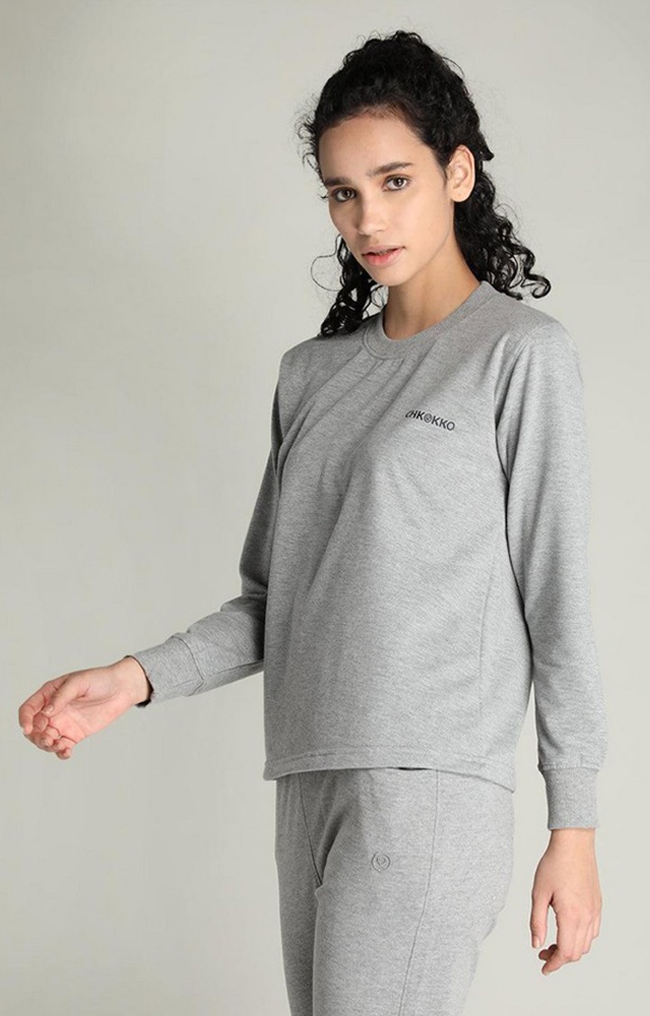 Women's Grey Melange Textured Cotton Activewear T-Shirt