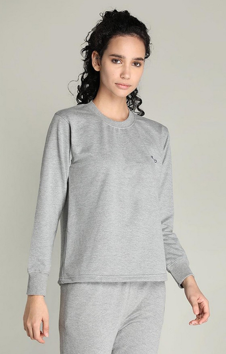 Women's Grey Melange Textured Cotton Activewear T-Shirt