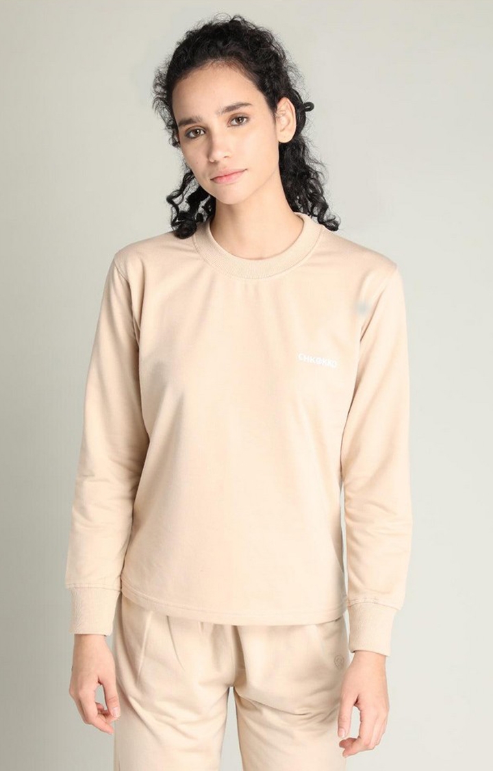 CHKOKKO | Women's Beige Solid Cotton Activewear T-Shirt