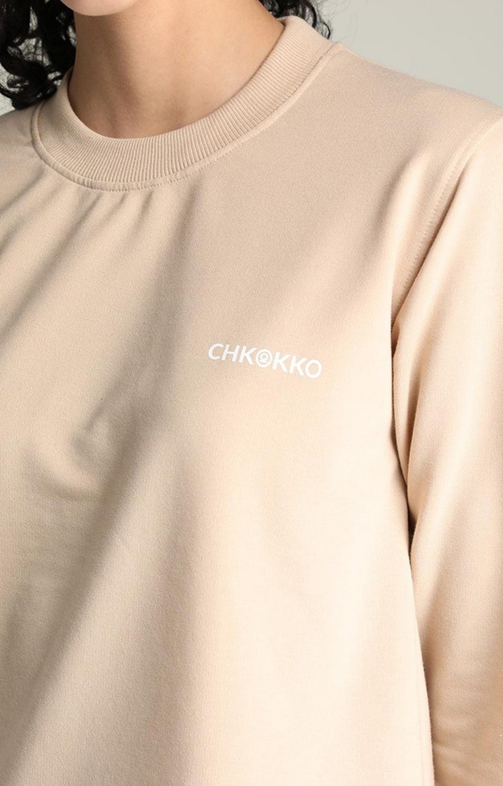 Women's Beige Solid Cotton Activewear T-Shirt
