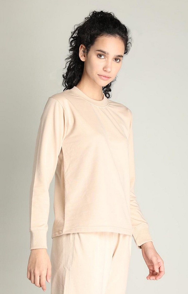 Women's Beige Solid Cotton Activewear T-Shirt
