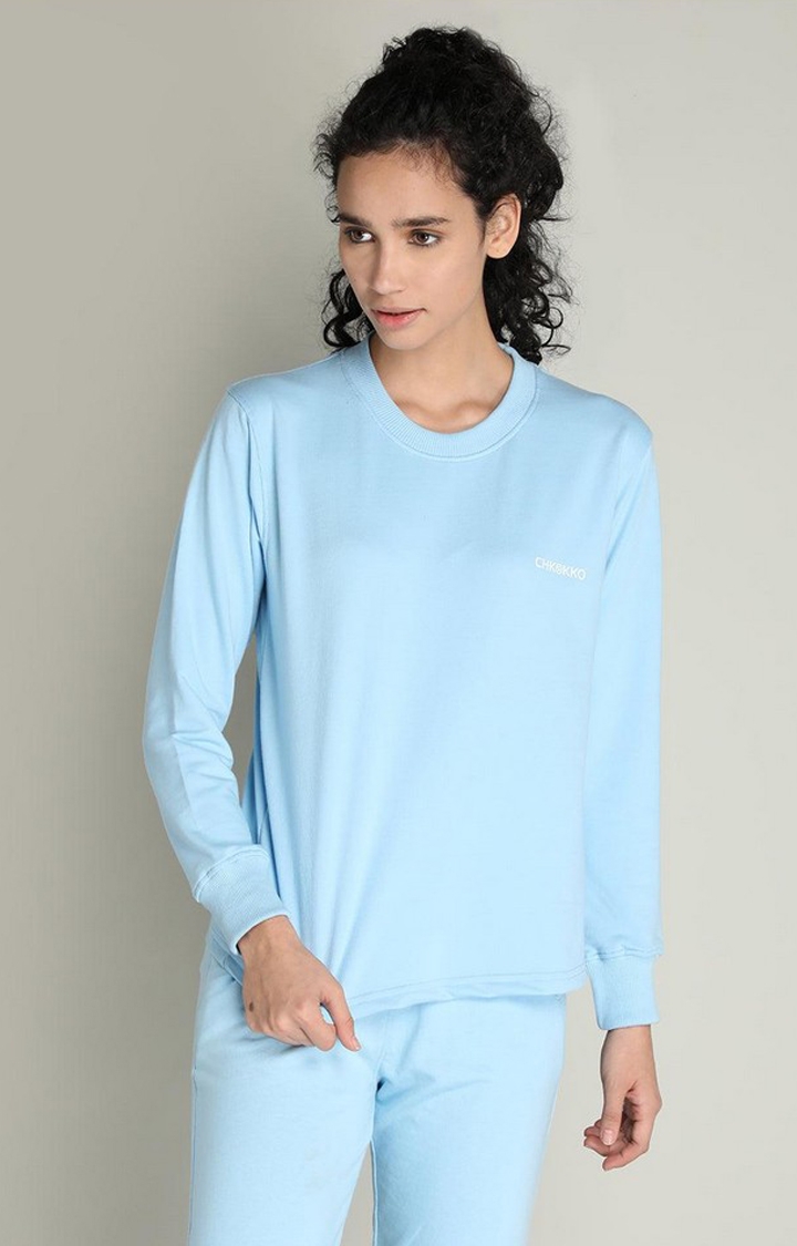 Women's Blue Solid Cotton Activewear T-Shirt