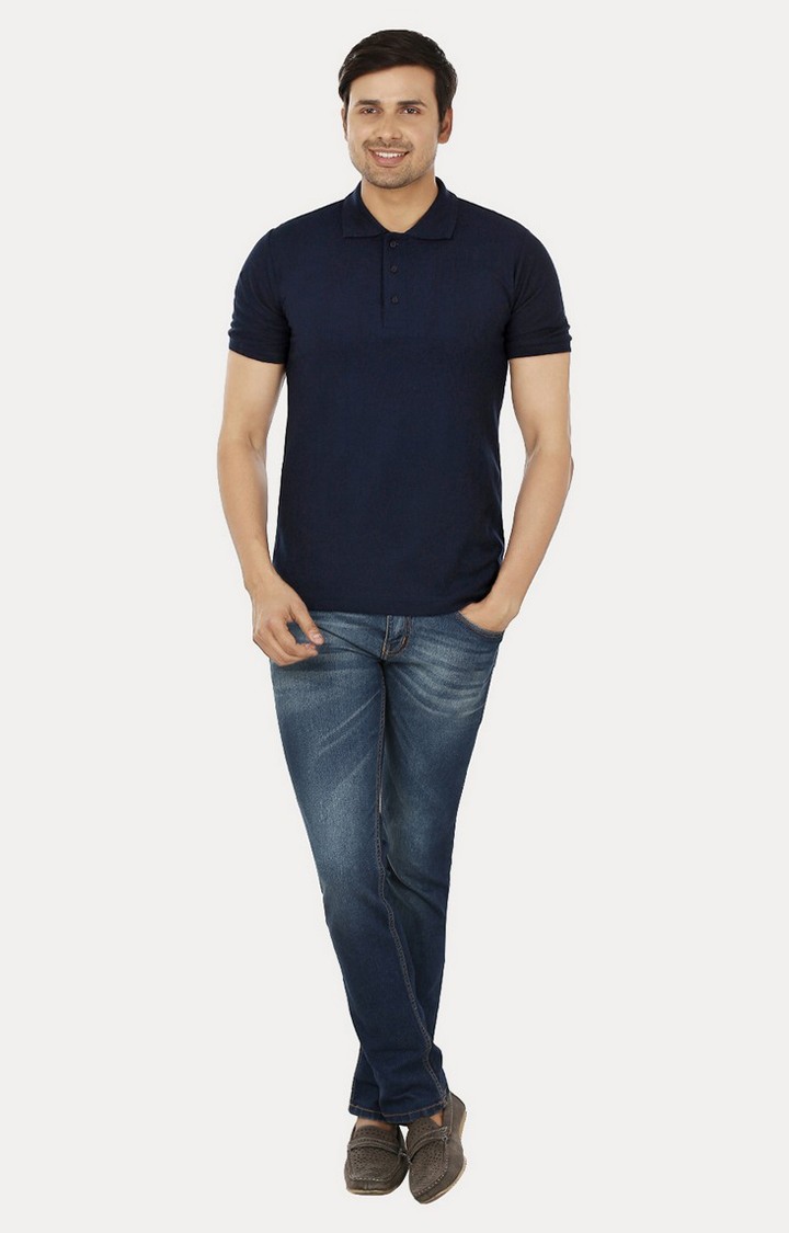 Men's Blue Cotton Solid Polos