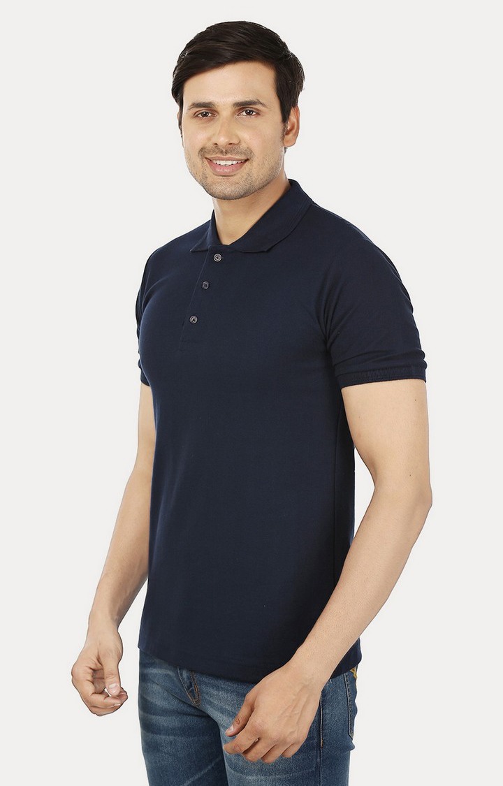 Men's Blue Cotton Solid Polos