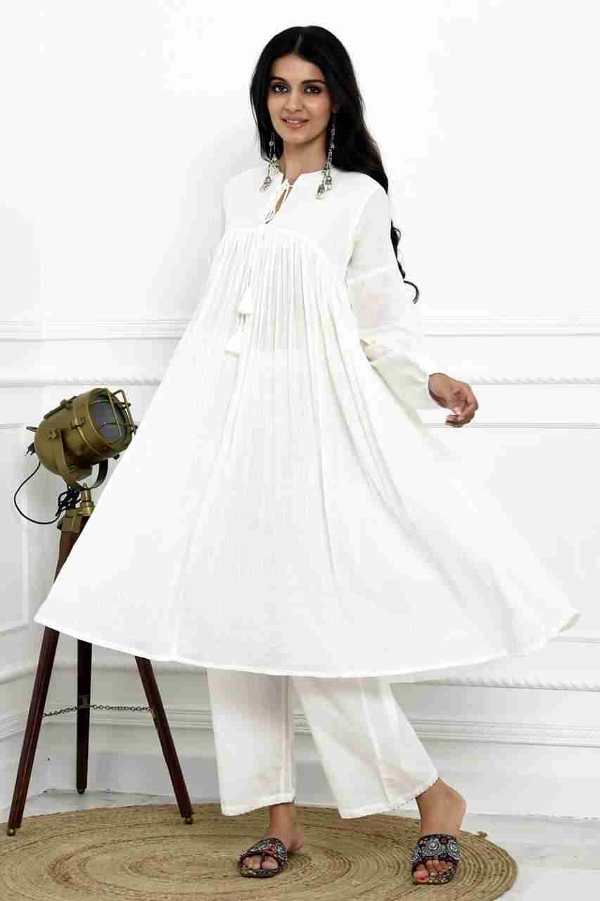 Naksh Plain White Pure Cotton Kota Long Gathered Kurta And Pants (Set of 2)