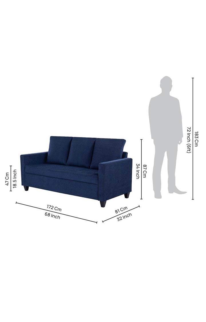 neudot Saya Sofa for Living Room |3 Persons Sofa|Premium Fabric with Cushioned Armrest | Solid Wood Frame|3 Seater in Saya Blue Color