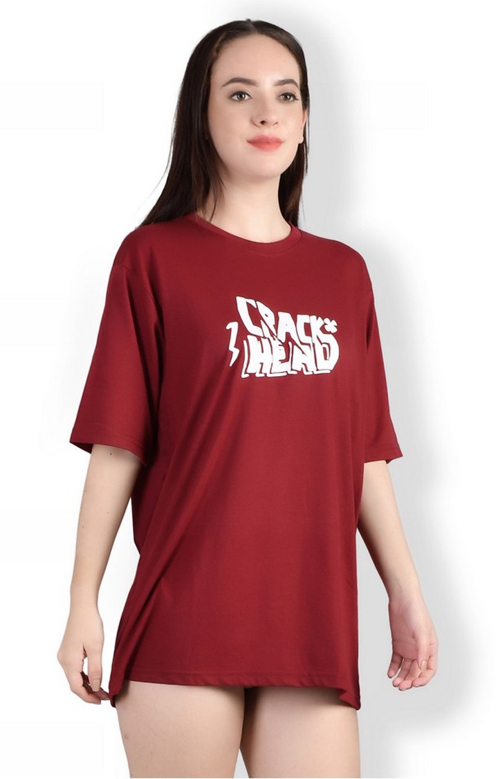 Creak Head : Quirky Printed Oversized Women's Tees In Maroon Color