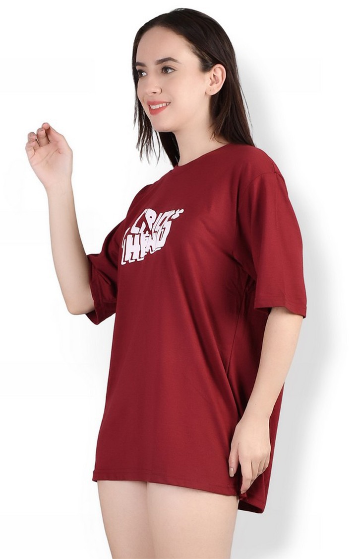 Creak Head : Quirky Printed Oversized Women's Tees In Maroon Color