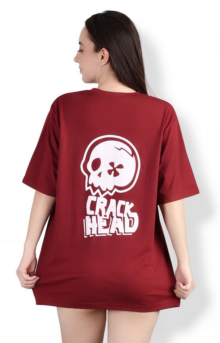Creak Head : Quirky Printed Oversized Women's Tees In Maroon Color