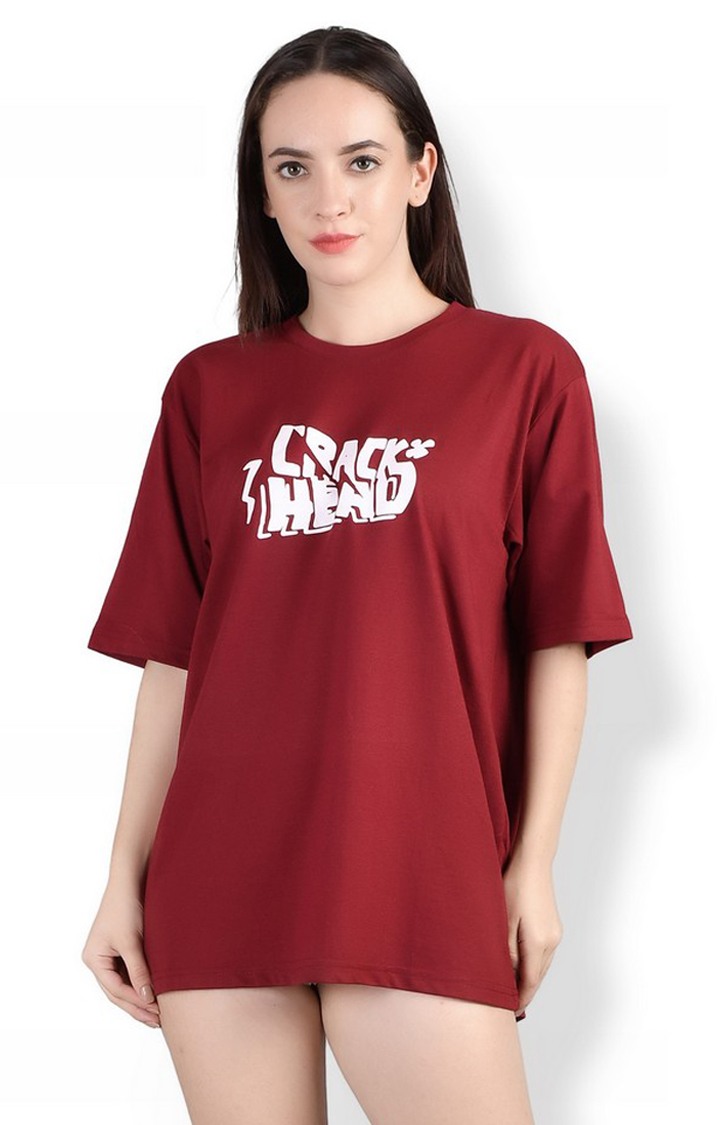 Weardo | Creak Head : Quirky Printed Oversized Women's Tees In Maroon Color