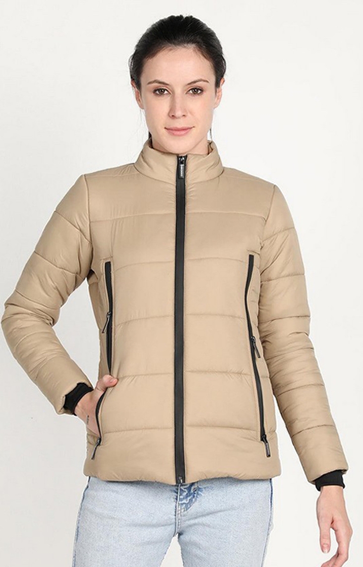 Women's Beige Solid Polyester Bomber Jackets