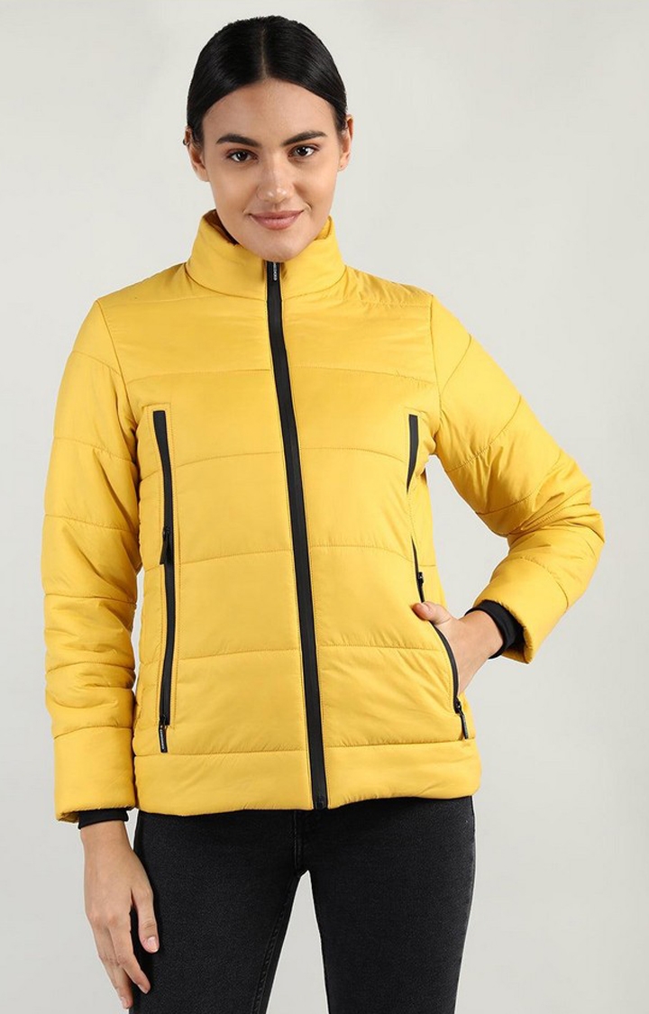 CHKOKKO | Women's Yellow Solid Polyester Bomber Jackets