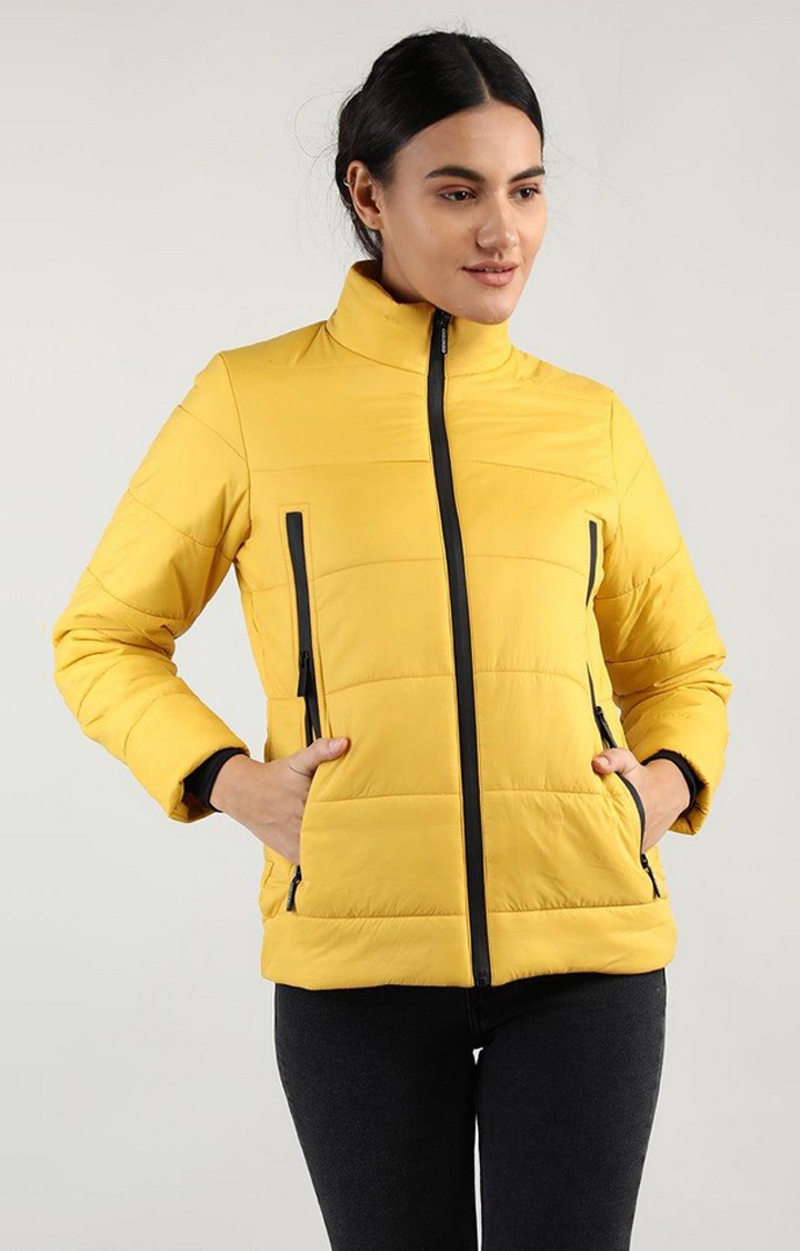 Women's Yellow Solid Polyester Bomber Jackets