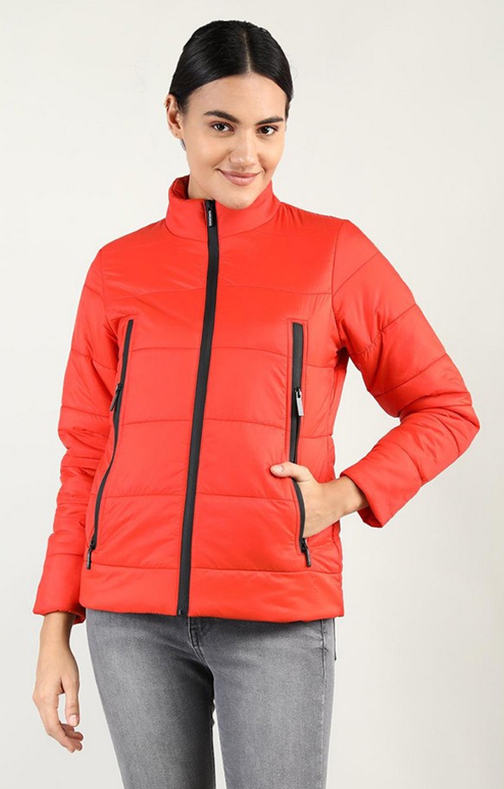 Women's Red Solid Polyester Bomber Jackets