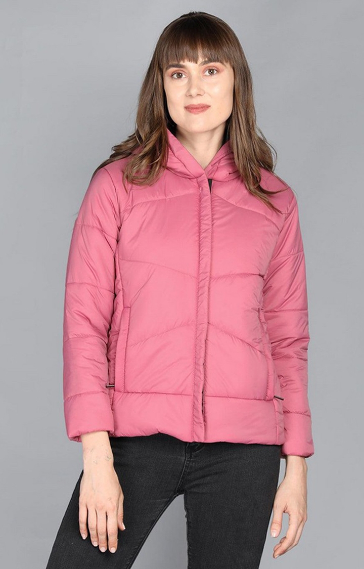 CHKOKKO | Women's Pink Solid Polyester Bomber Jackets