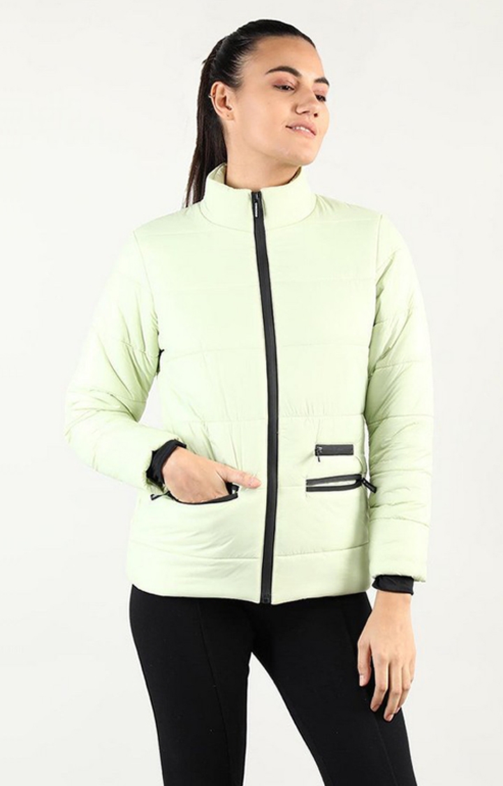 CHKOKKO | Women's Light Green Solid Polyester Bomber Jackets