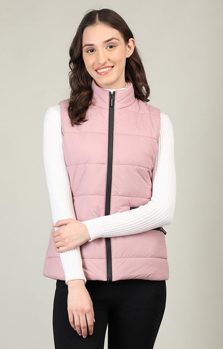 Women's Pink Solid Polyester Gilet