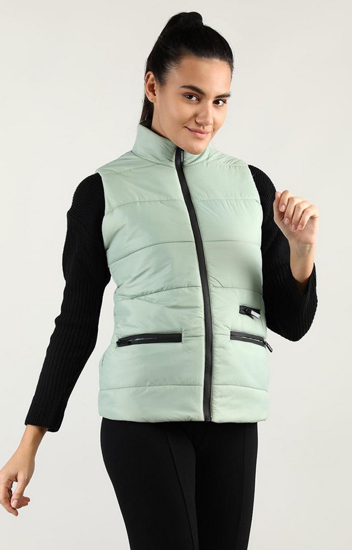 Women's Green Solid Polyester Gilet