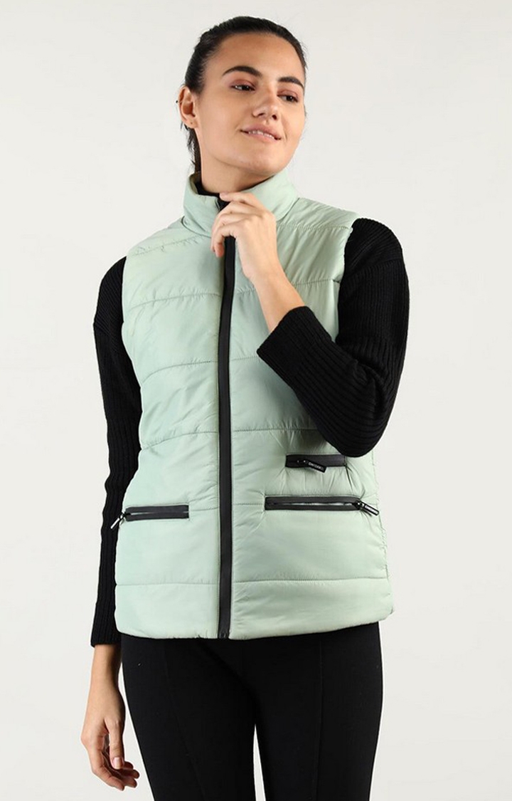 CHKOKKO | Women's Green Solid Polyester Gilet