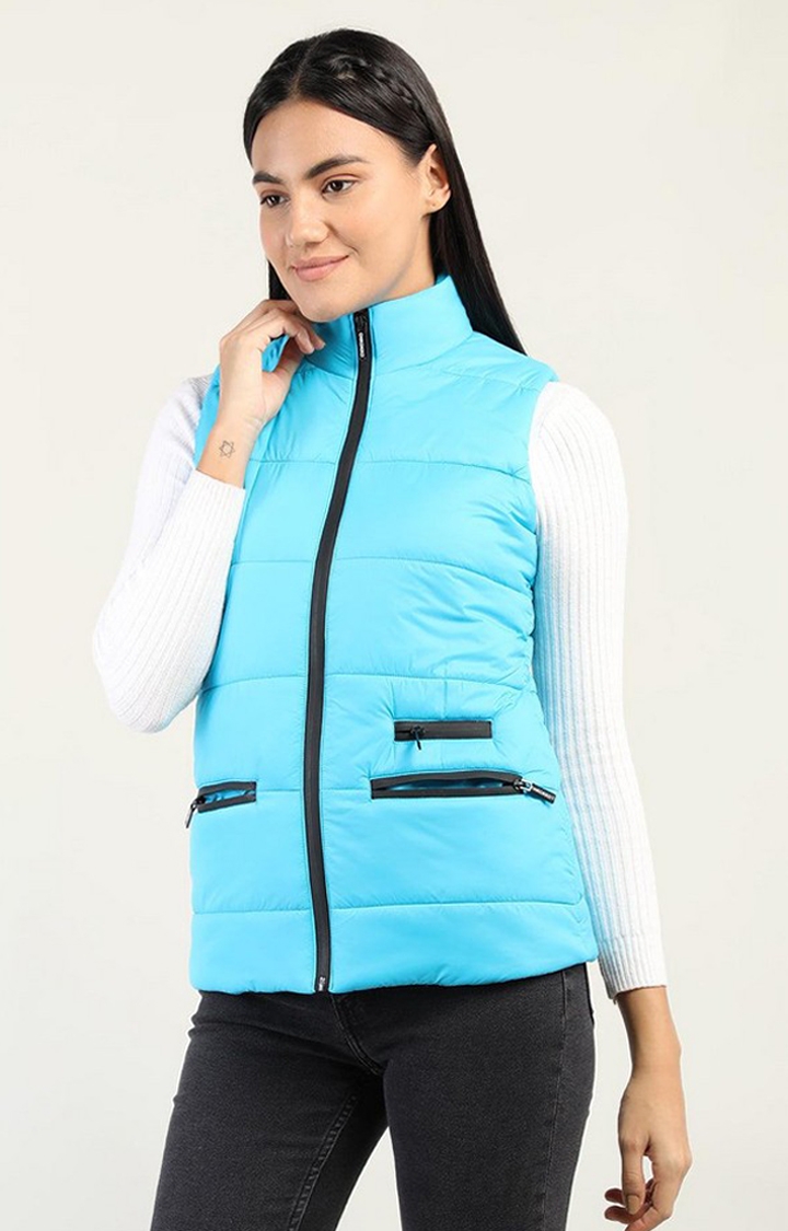 Women's Blue Solid Polyester Gilet