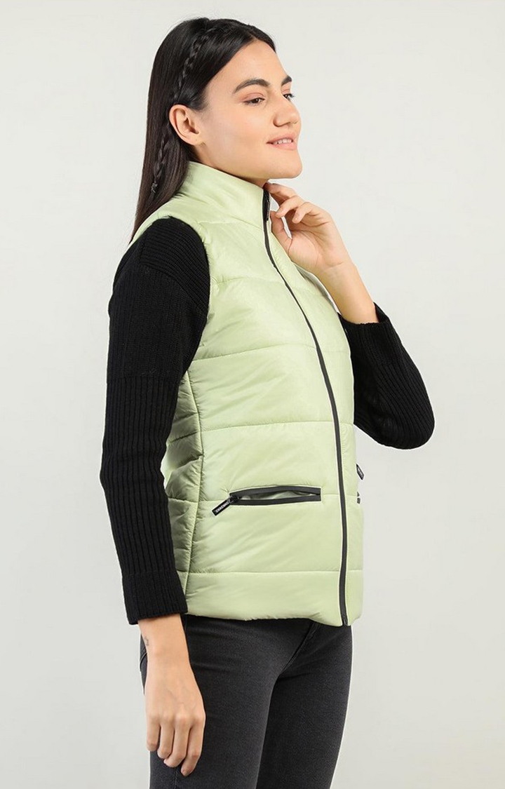 Women's Green Solid Polyester Gilet