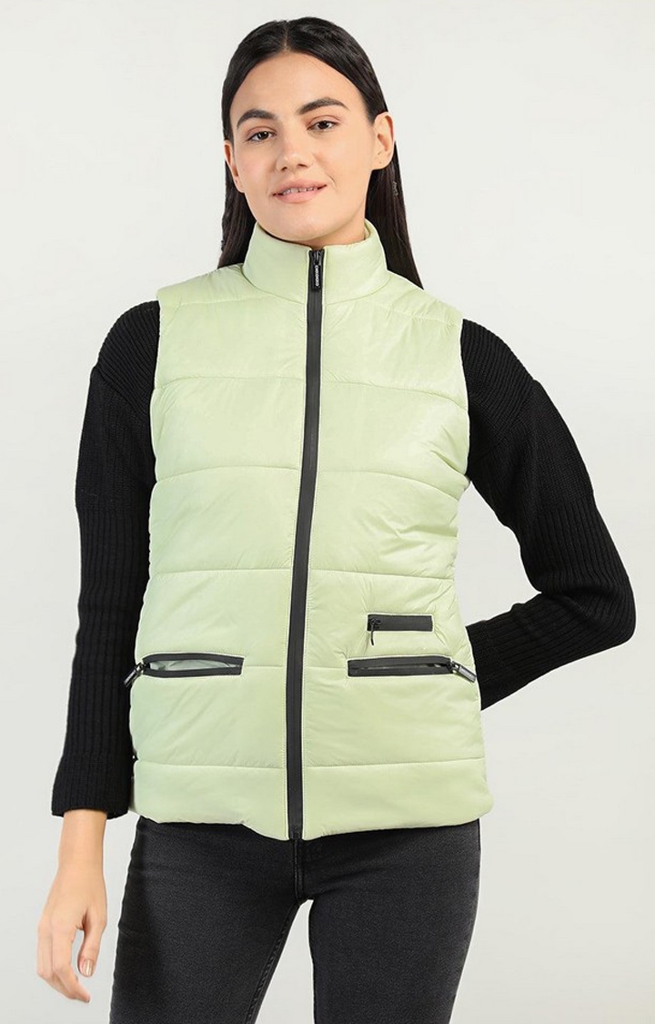 CHKOKKO | Women's Green Solid Polyester Gilet