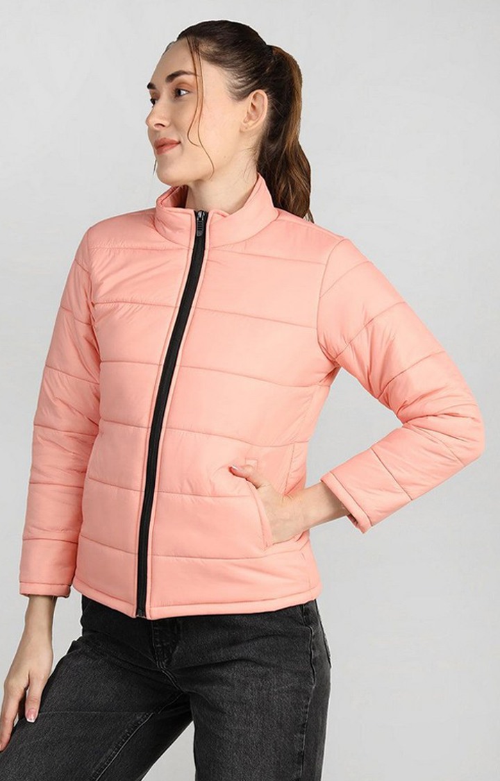 Women s Pink Solid Polyester Bomber Jackets