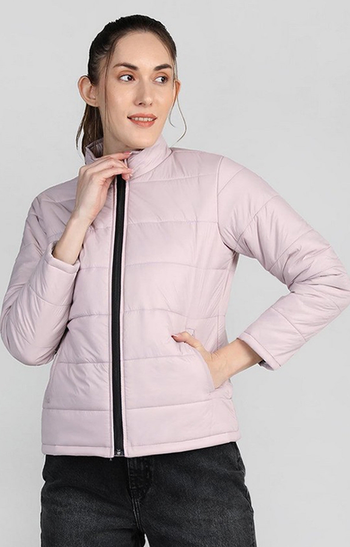 Women's Baby Pink Solid Polyester Bomber Jackets