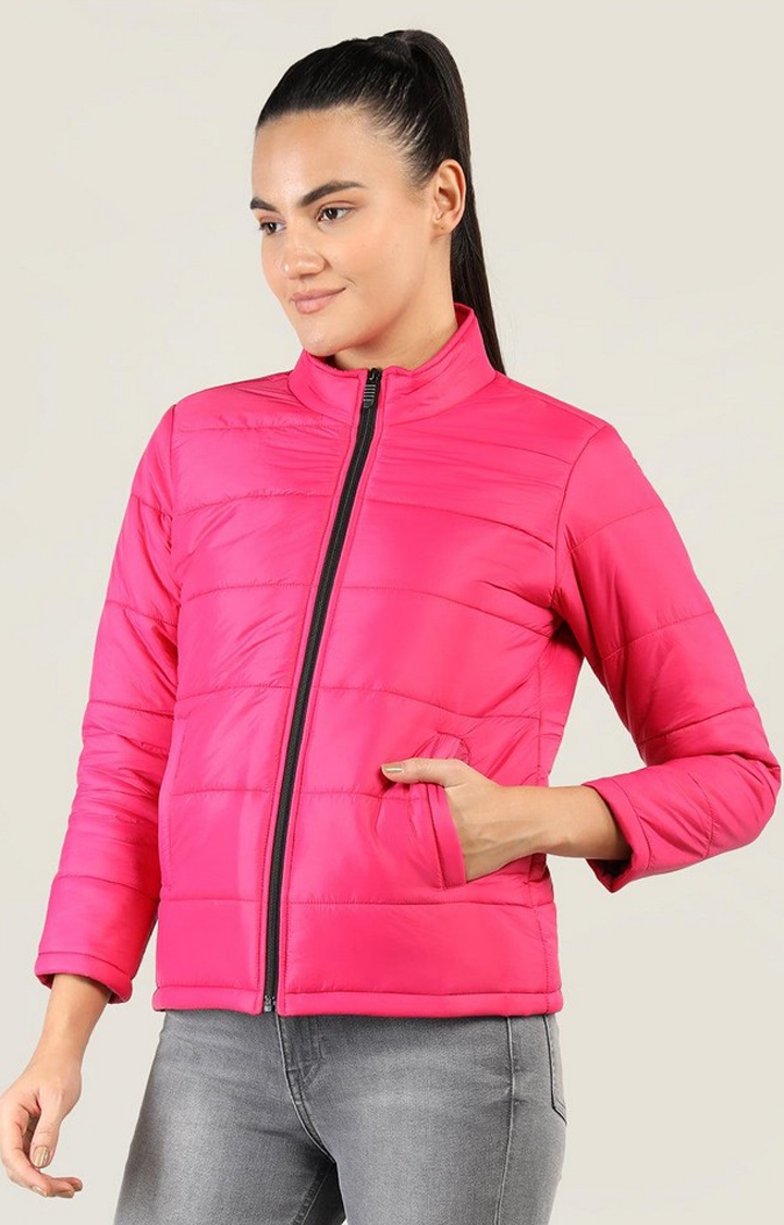 Women's Pink Solid Polyester Bomber Jackets