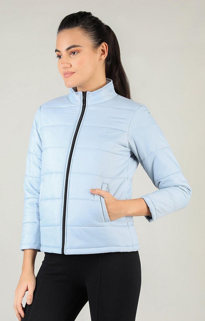 Women's Blue Solid Polyester Bomber Jackets