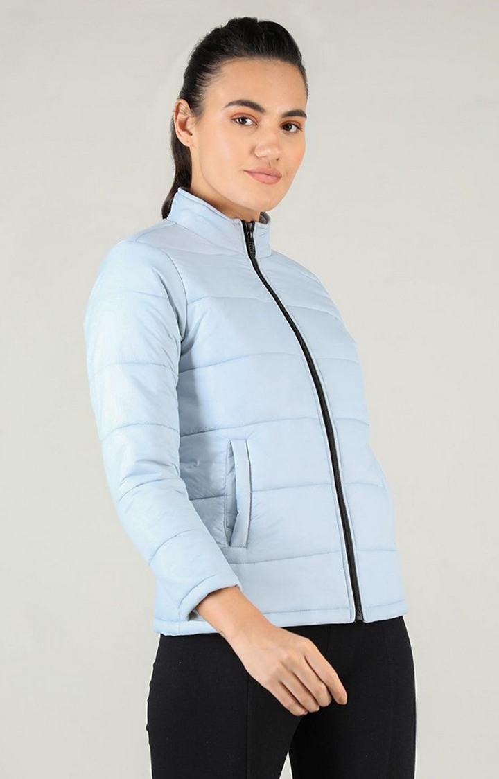 Women's Blue Solid Polyester Bomber Jackets