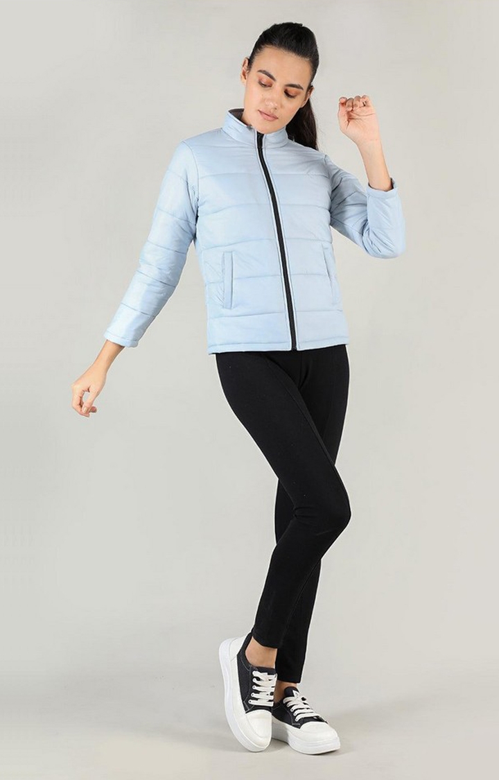 Women's Blue Solid Polyester Bomber Jackets